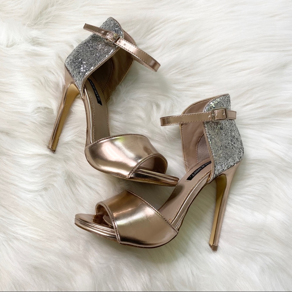 ‘EILEEN’ ROSE GOLD/SPARKLE ANKLE STRAP HEELS